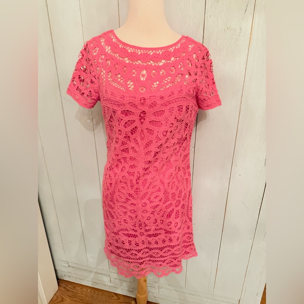Lilly Pulitzer Mariekate Hotty Pink Go To Batt Battenburg Lace Shift Dress Sz-S